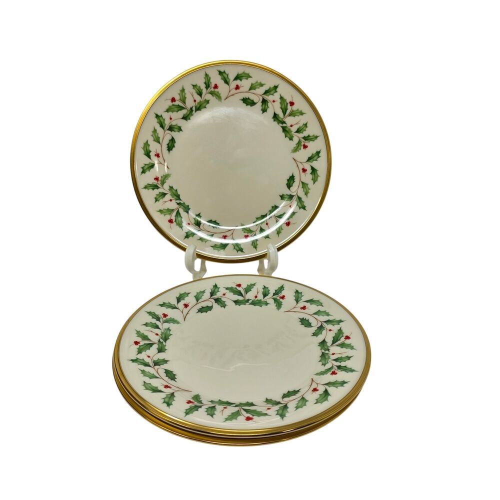 Vintage Lenox Holiday Salad Plates Set of 3 USA Holly Gold Trim 8 Inch
